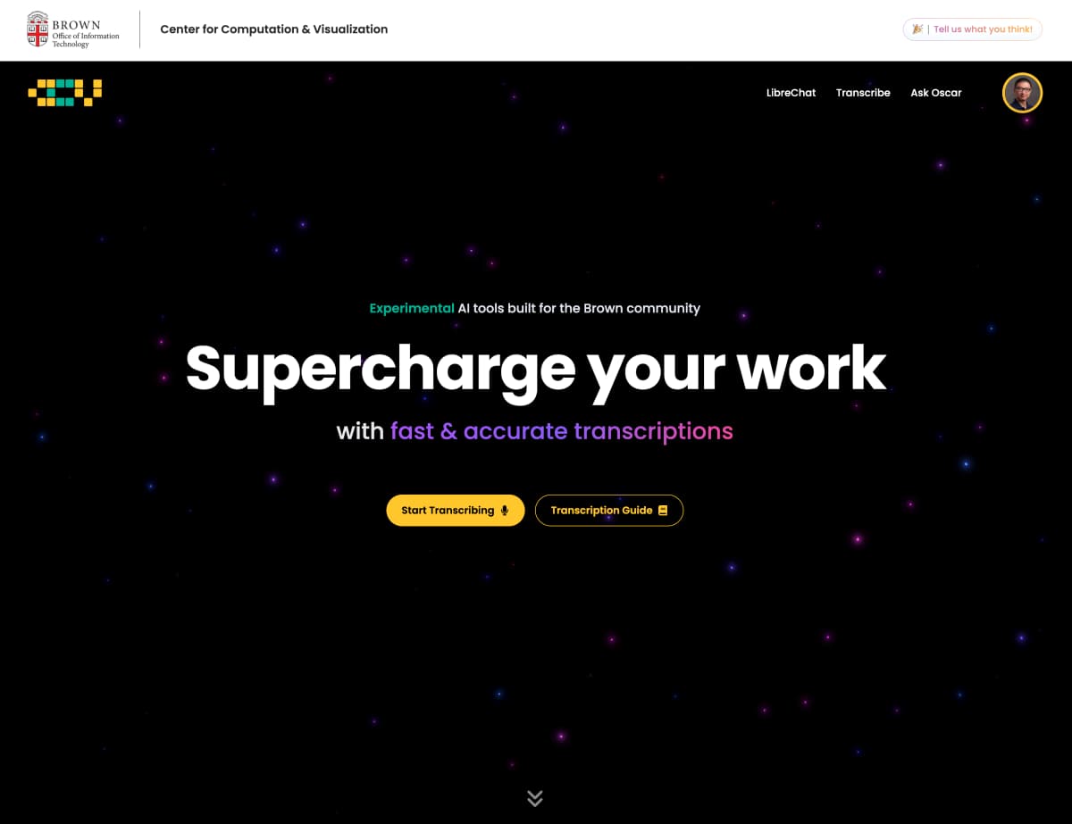 Website homepage for Brown University's Center for Computation and Visualization featuring a space-themed background.
