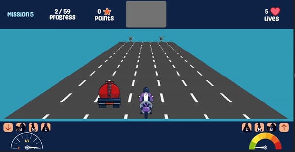 Motorcycle racing game interface showing a player riding a motorcycle towards a red truck on a two-lane road, with game controls and progress indicators displayed at the bottom.
