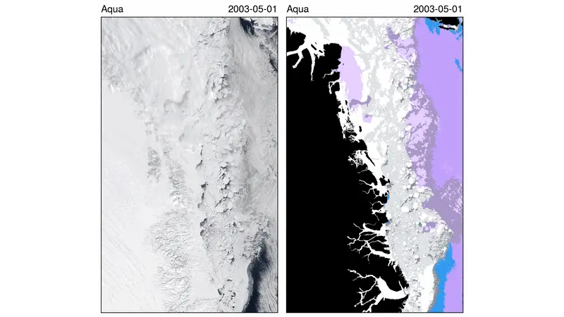 Left: Animation of satellite images of a coastal region in the Arctic Ocean in May 2003. Images are from the Aqua and Terra satellites' MODIS instrument. Right: Animation showing detected ice floes, interstitial ice, clouds, ocean water and land in the same region.