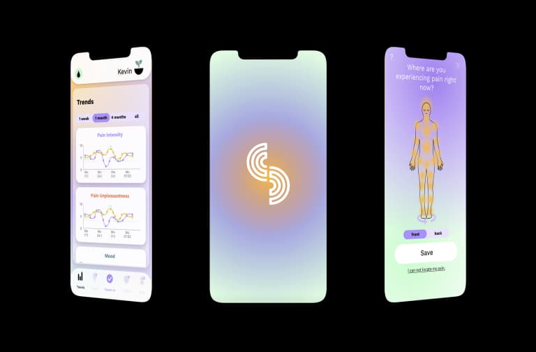 Three smartphone screens displaying a health tracking app with graphs for pain and a body map for pain location assessment.