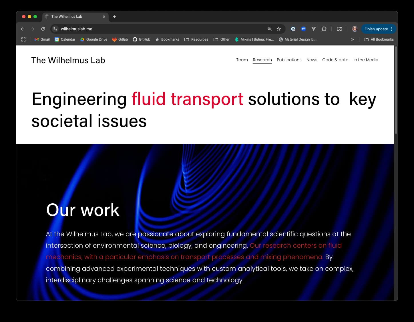 Website title and mission statement for The Wilhelmus Lab emphasizing solutions to societal issues through fluid transport engineering